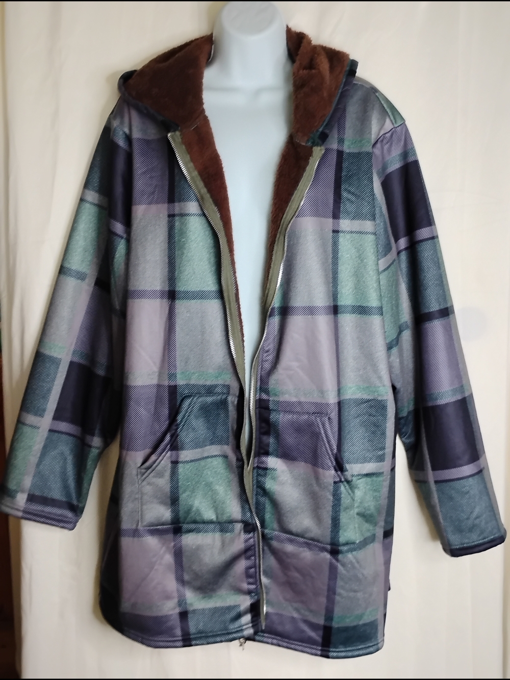 Plaid Hooded Bomber Jacket in Green & Purple